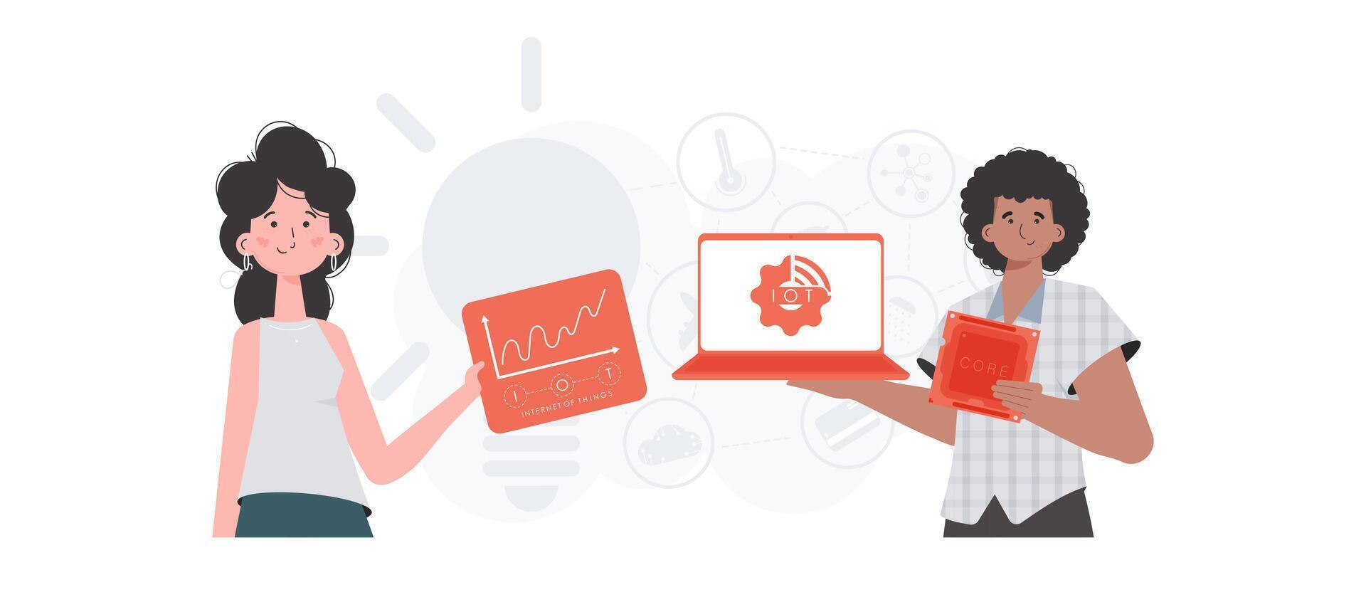 A man and a woman are a team in the field of the Internet of things. IoT concept. Good for presentations and websites. illustration in flat style. vector