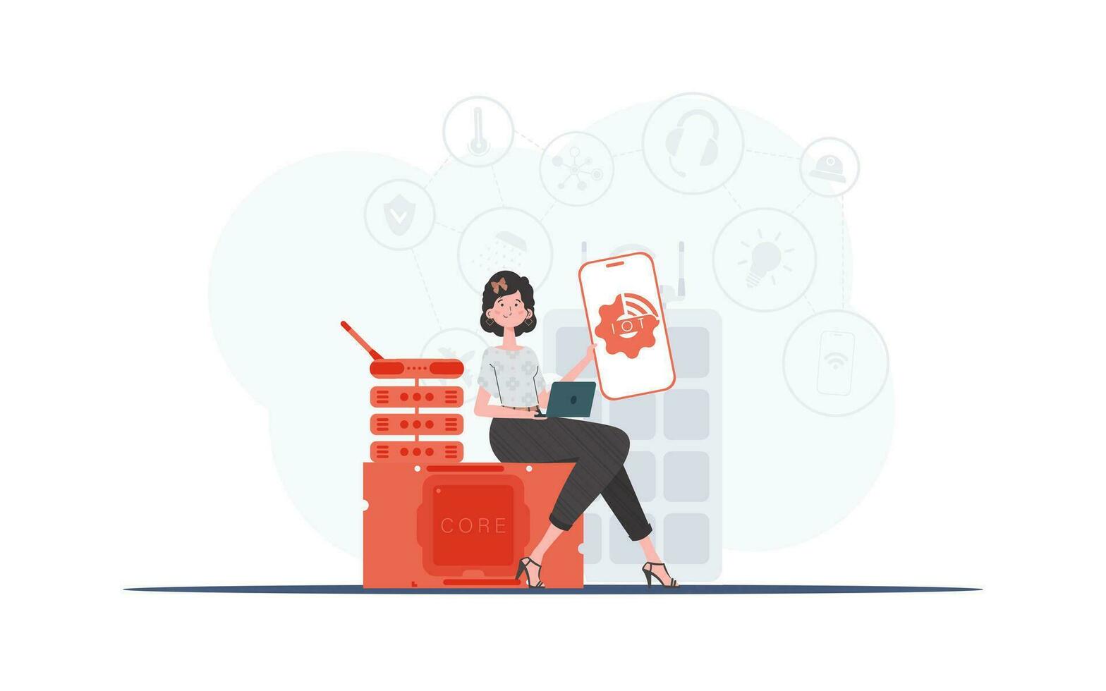 IOT and automation concept. The girl is holding a phone with the IoT logo in her hands. Vector illustration in trendy flat style.