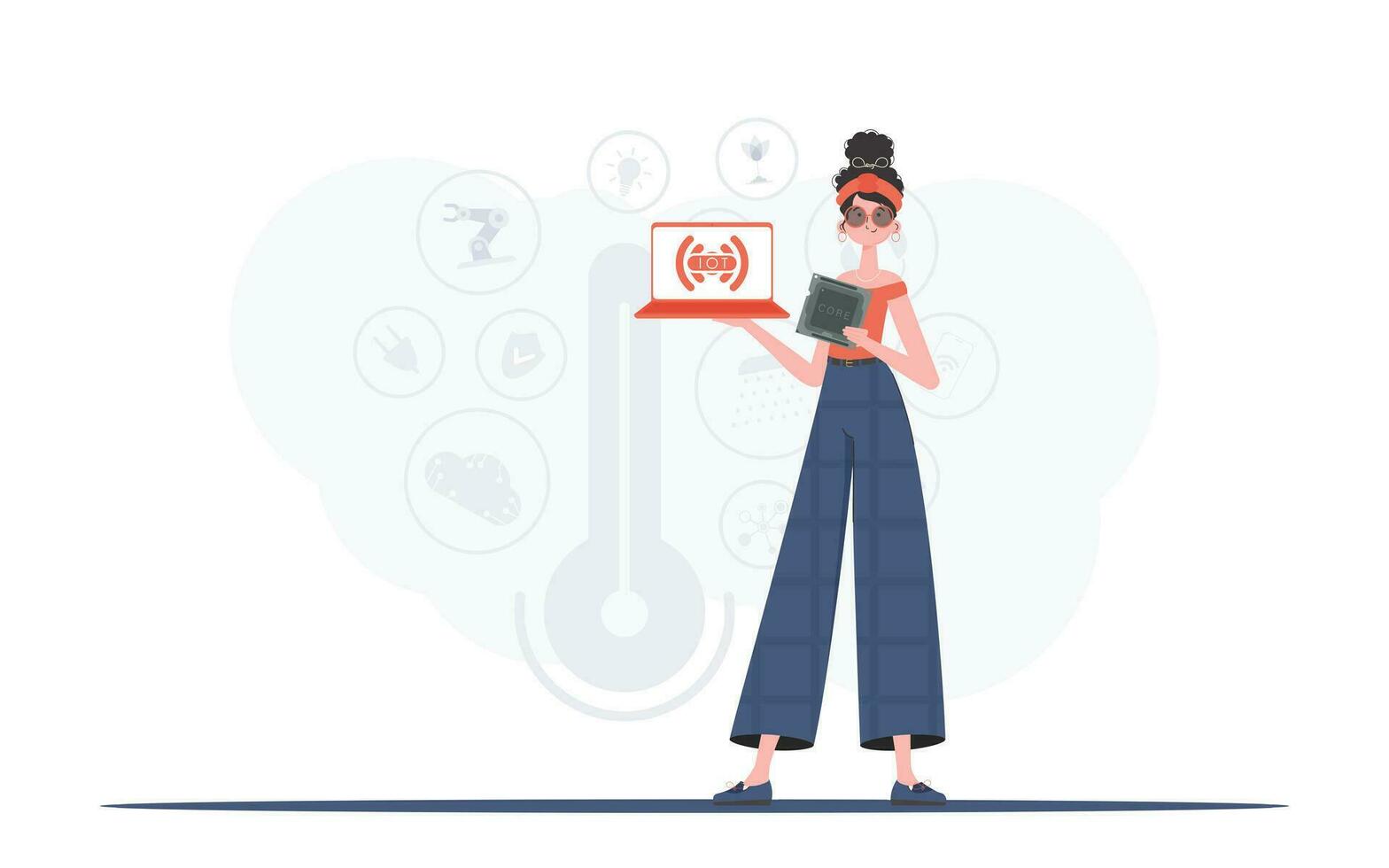 A woman holds a laptop and a processor chip in her hands. Internet of things concept. Vector illustration in trendy flat style.