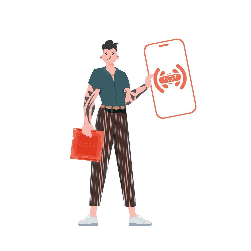 A man holds a phone with the IoT logo in his hands. Internet of things and automation concept. Vector. vector