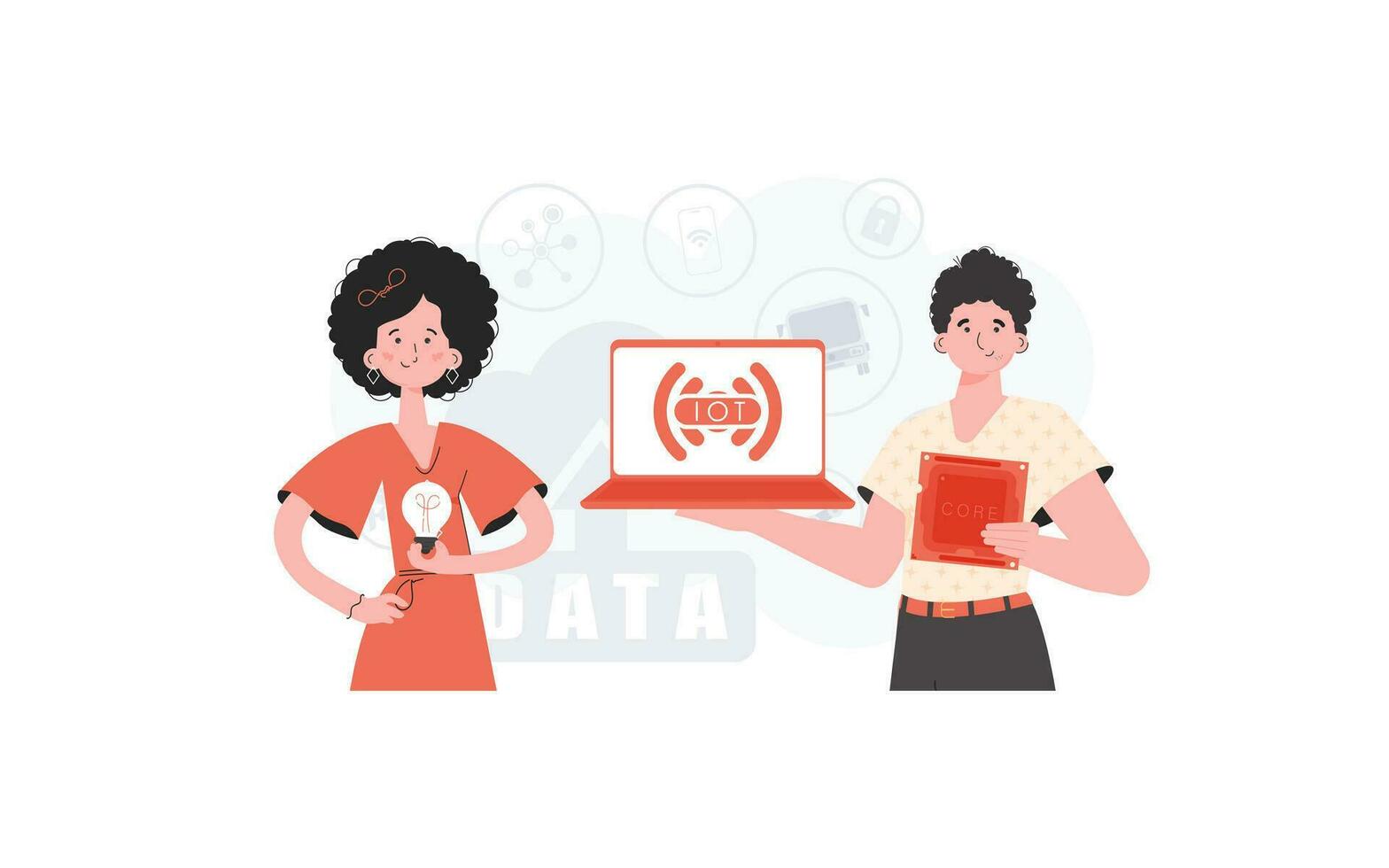 The girl and the guy are a team in the field of Internet of things. IoT concept. Good for websites and presentations. Vector illustration in trendy flat style.