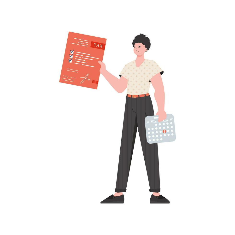 A man stands to his full height with a tax return form in his hands. Isolated. Element for presentation. vector