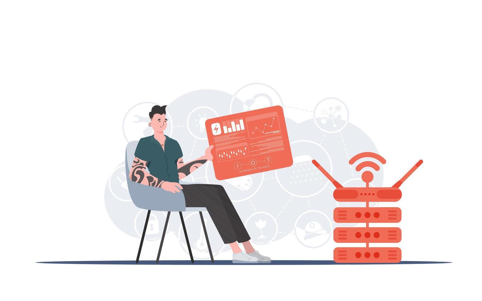 Internet of things and automation concept. A man sits in a chair and holds a panel with analyzers and indicators in his hands. vector