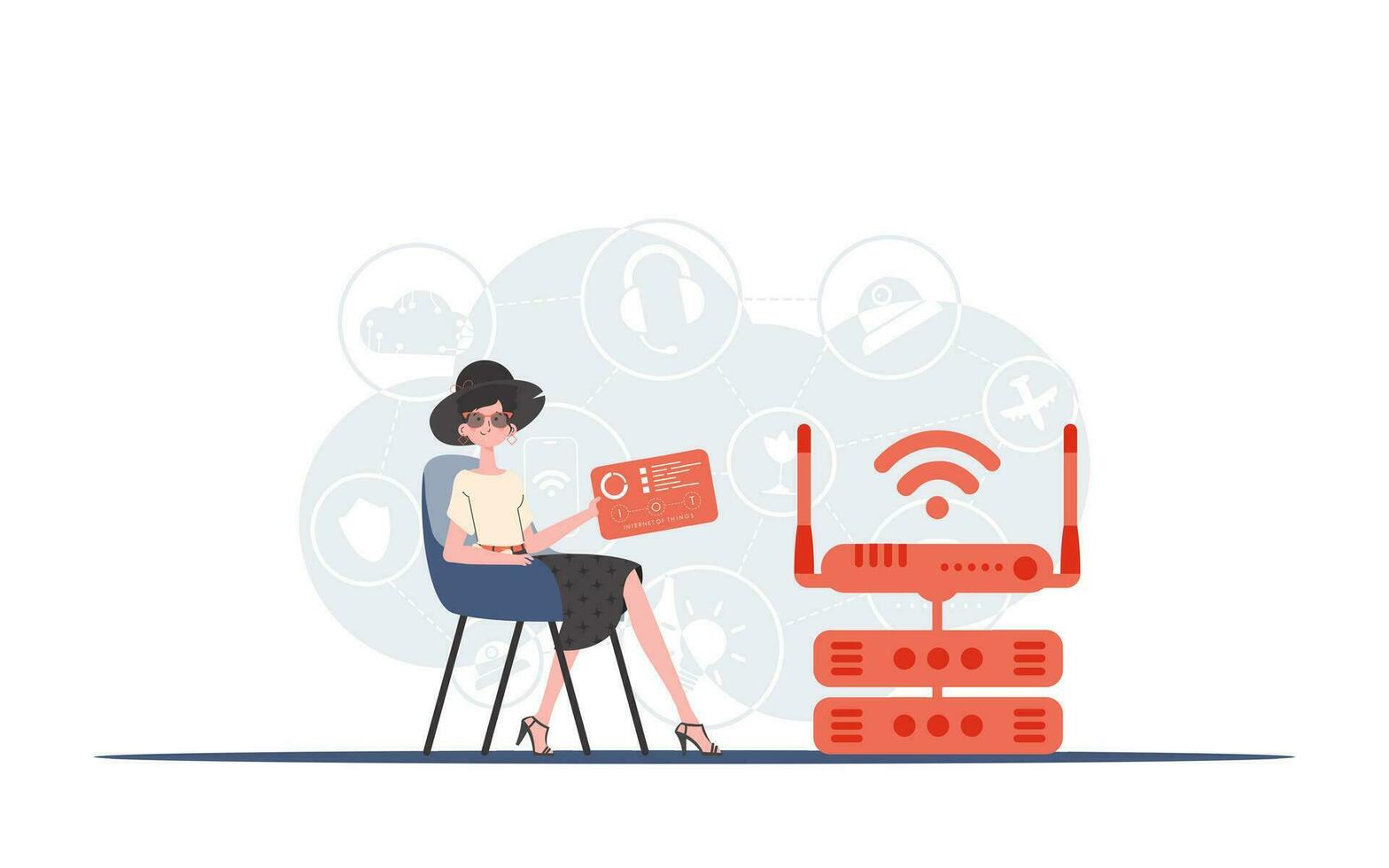 IoT concept. A woman sits in a chair and holds a panel with analyzers and indicators in her hands. Good for websites and presentations. Vector illustration in trendy flat style.