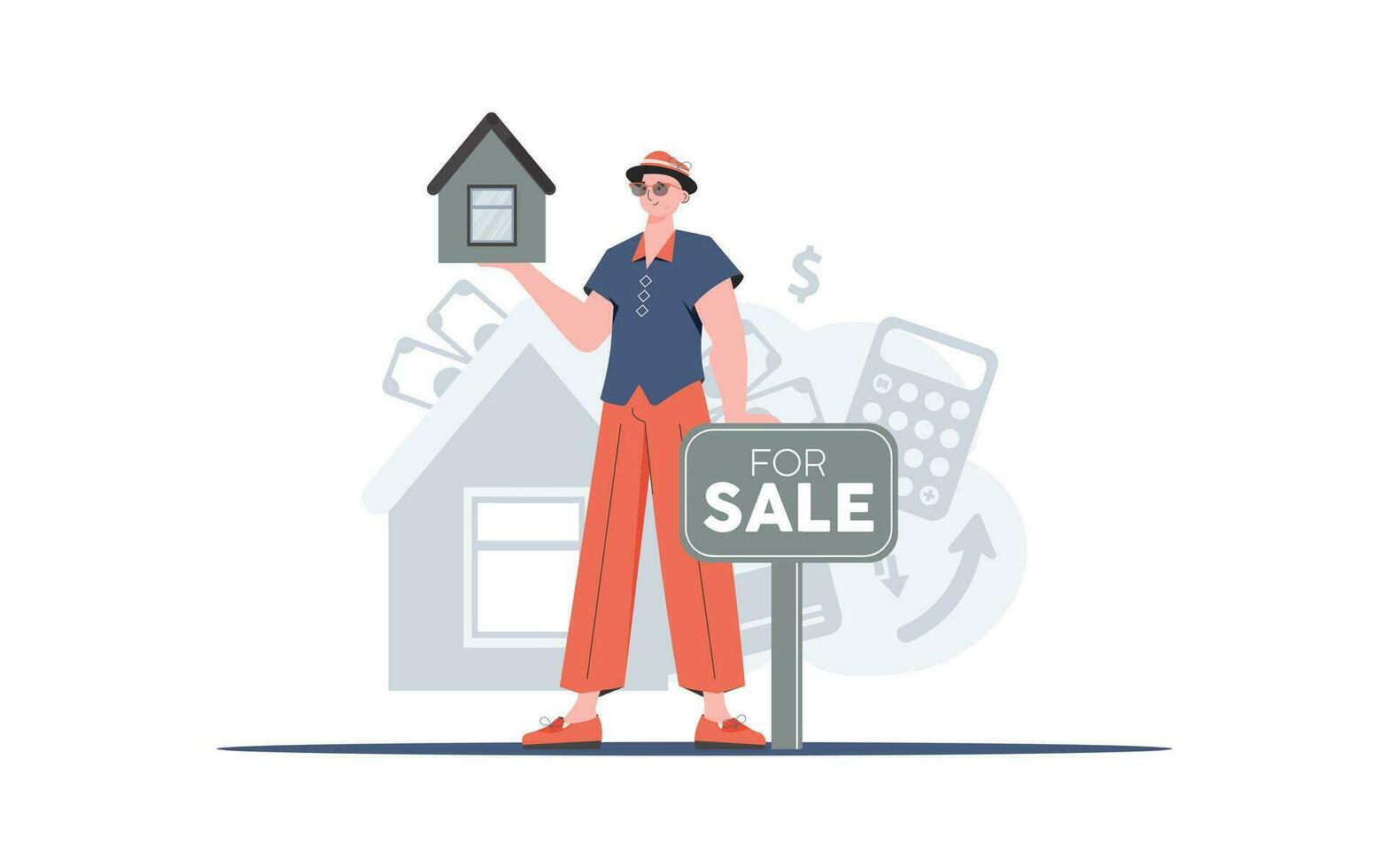 A man with a for sale sign holds a small house in his hands. Real estate sale concept. trendy style. Vector illustration.