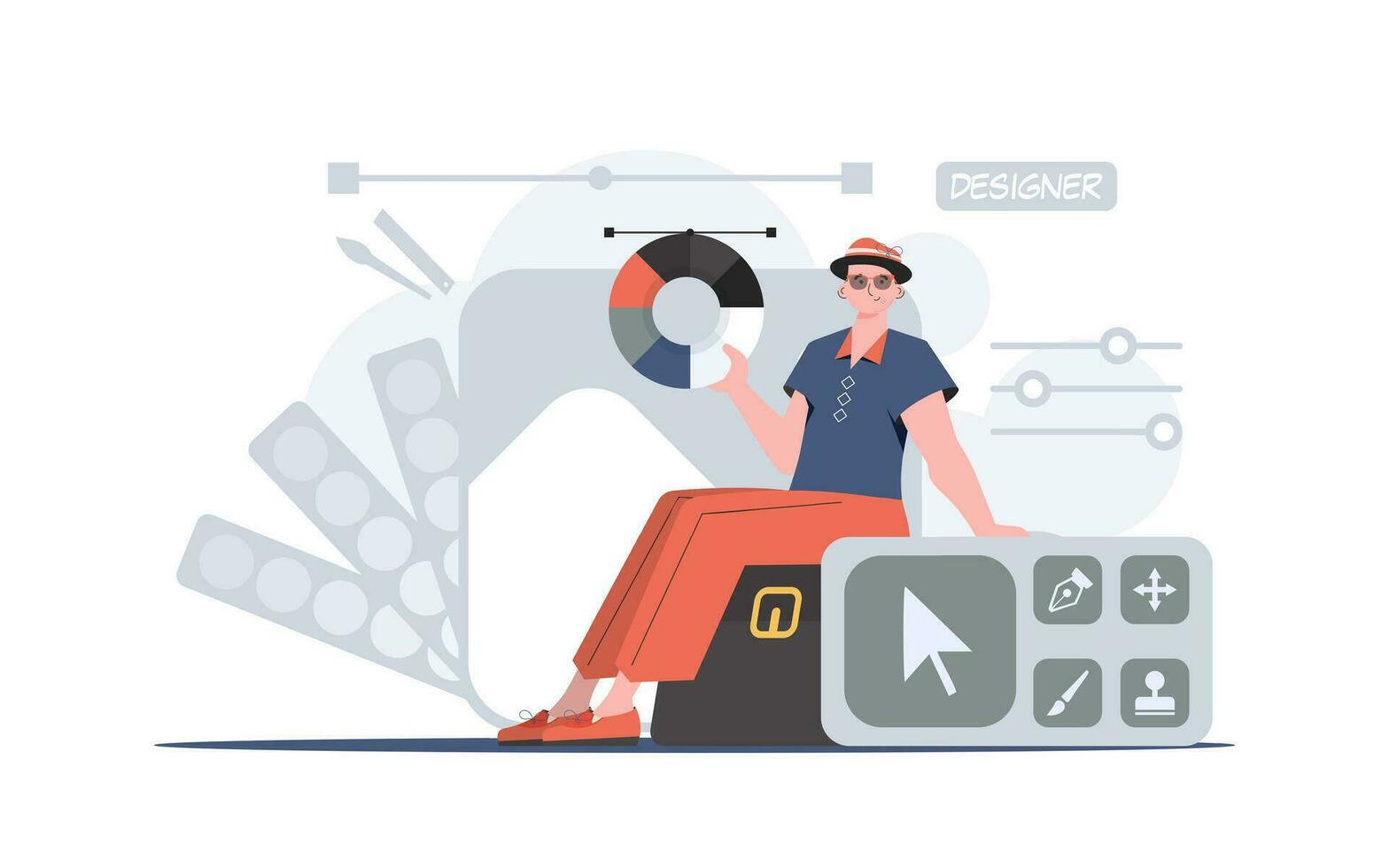 un hombre se sienta en un maleta con un color rueda en su manos y un diseño panel. diseño. elemento para presentación. vector