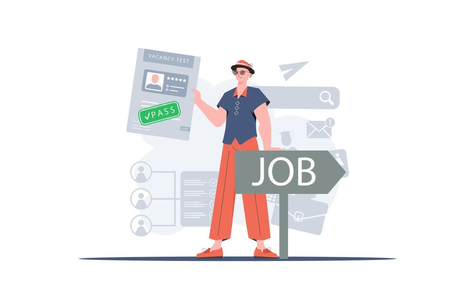 Job search and human resource concept. A man holds a passed test for a vacancy in his hands. Trend style, vector illustration.