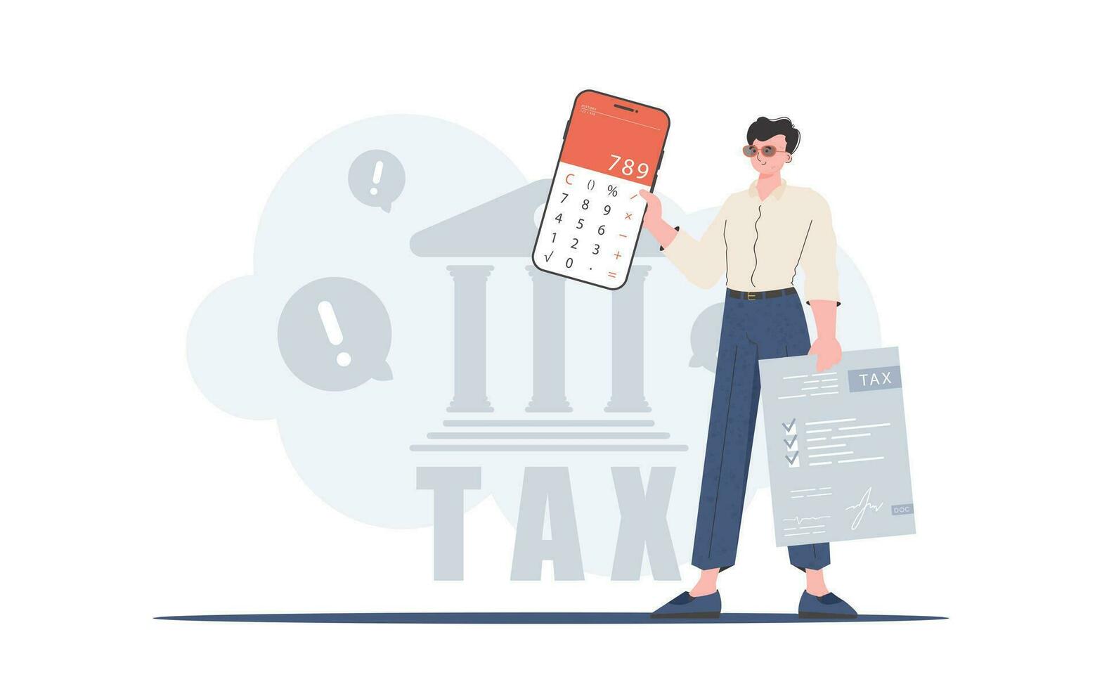 The guy is holding a calculator and a tax form in his hands. The concept of payment and calculation of taxes. Vector illustration in a flat style.