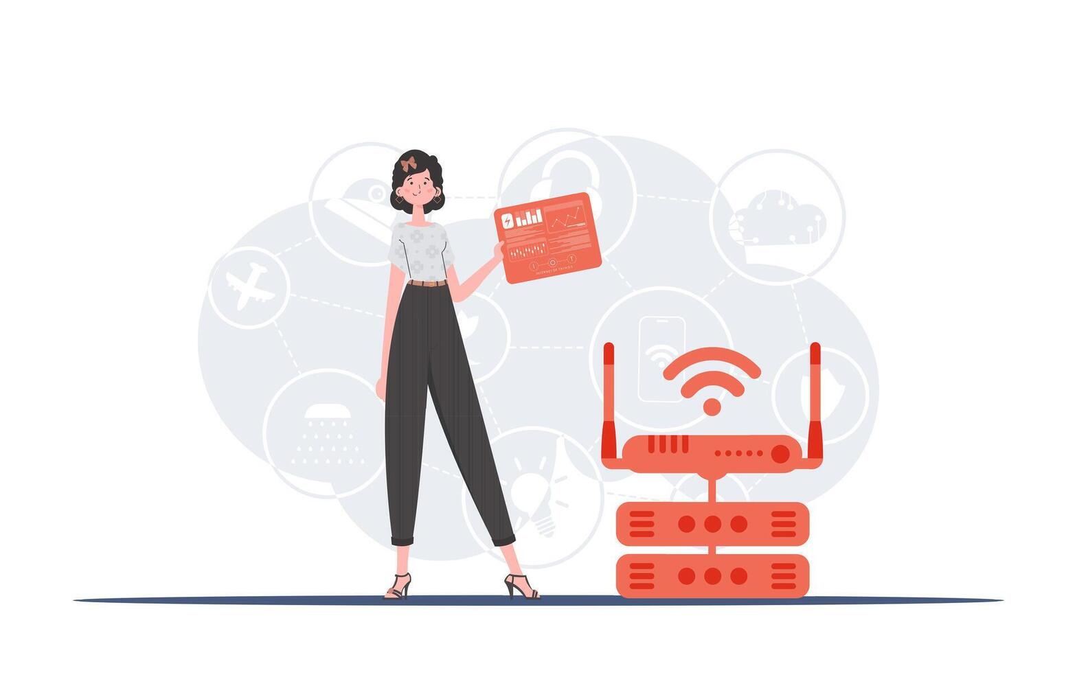 Internet of Things and Automation Concept. A woman holds a panel with analyzers and indicators in her hands. Good for websites and presentations. illustration. vector