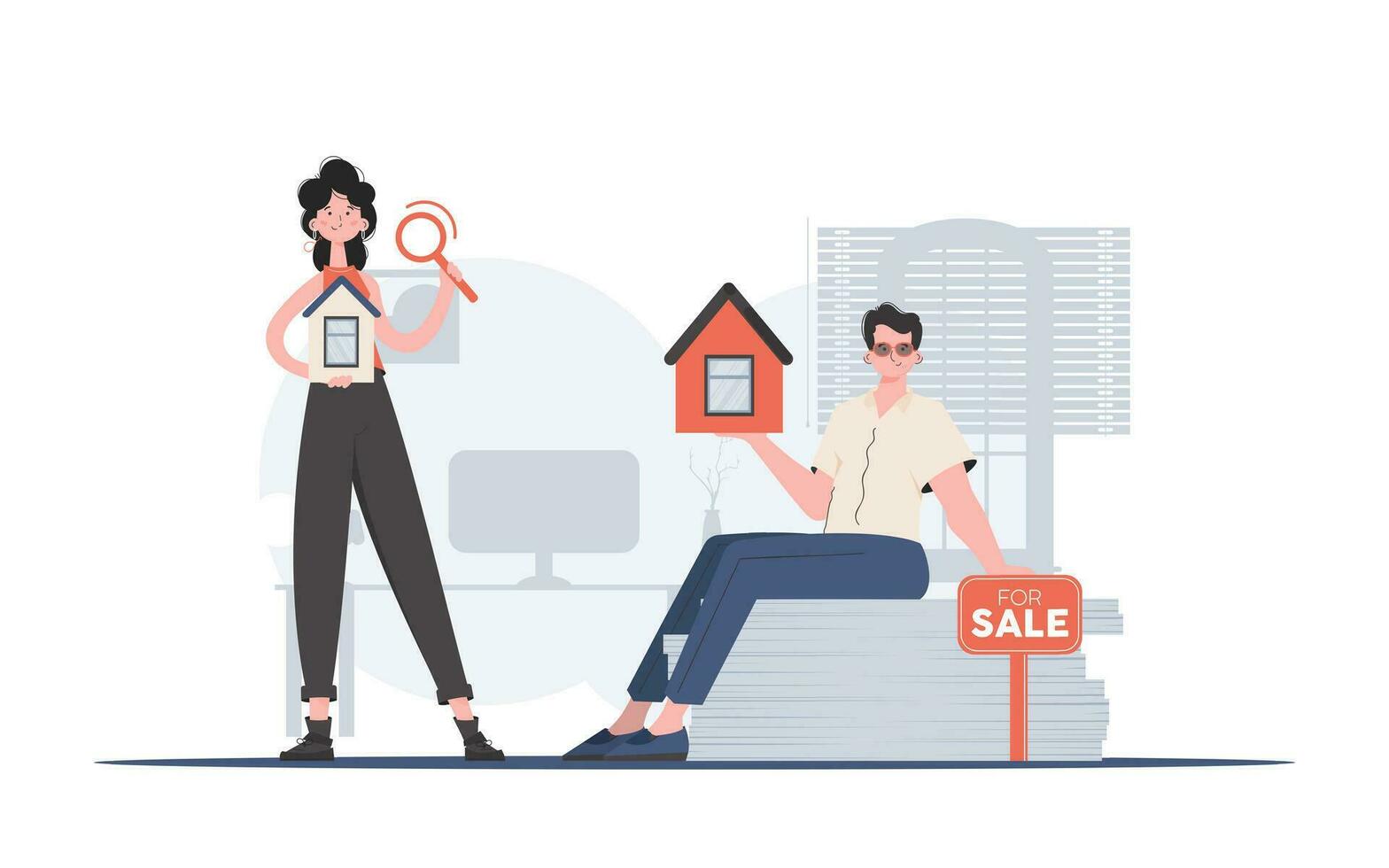 Guy and girl realtors. The concept of buying a house. Good for websites, apps and presentations. trendy style. Vector. vector