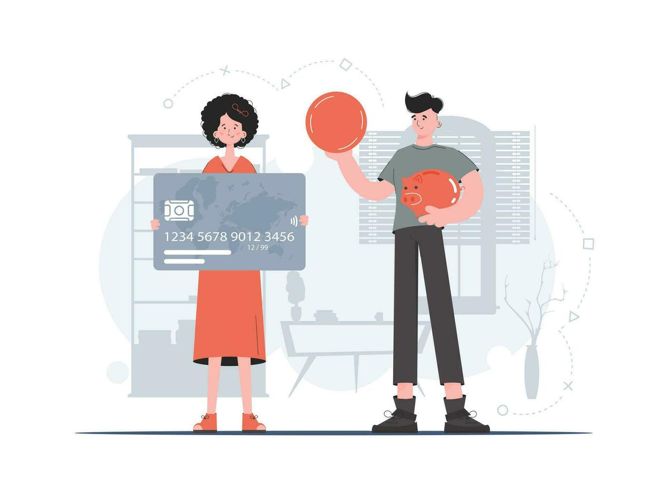 A woman and a man are standing in full growth holding a credit card and a coin in their hands. Saving. Flat style. Element for presentations, sites. vector