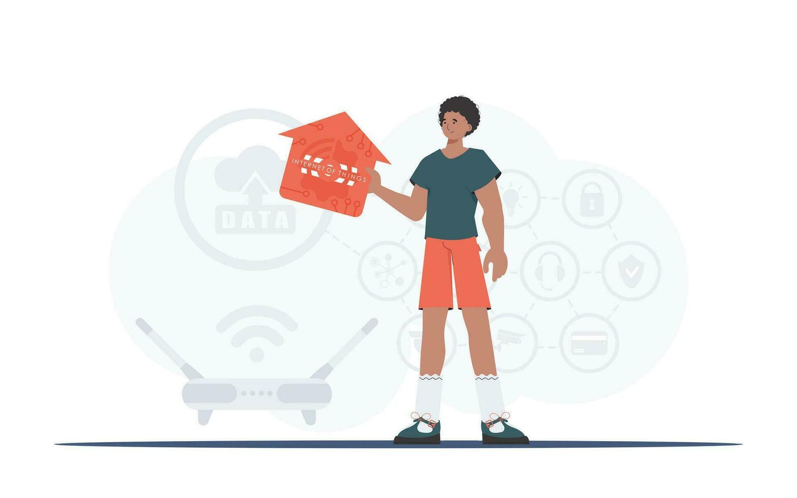 Internet of things and automation concept. The man is depicted in full growth, holding the icon of the house in his hands. Good for presentations. Vector illustration in flat style.