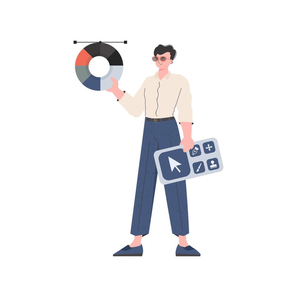 The man stands to his full height and holds the designer's panel. Isolated. Element for presentation. vector