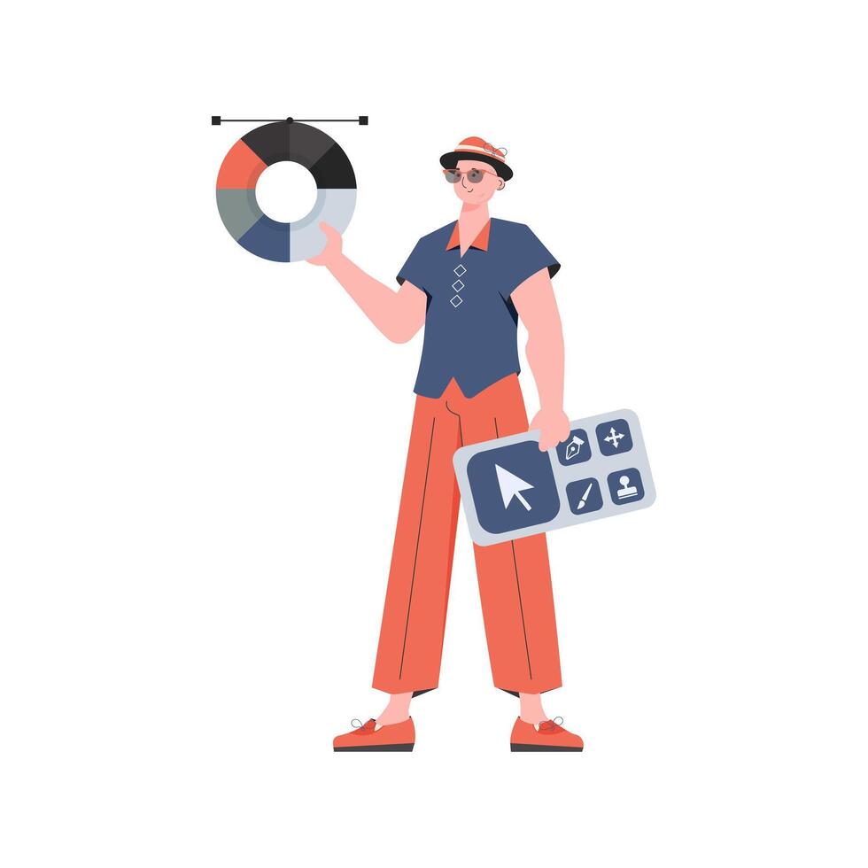 A man stands in full growth with a color wheel in his hands. Isolated. Element for presentation. vector
