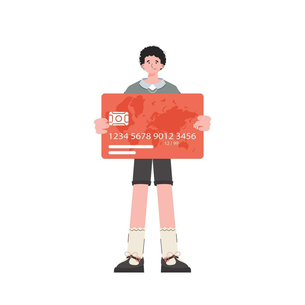 A man stands in full growth holding a credit card in his hands. Isolated. Flat style. Element for presentations, sites. vector