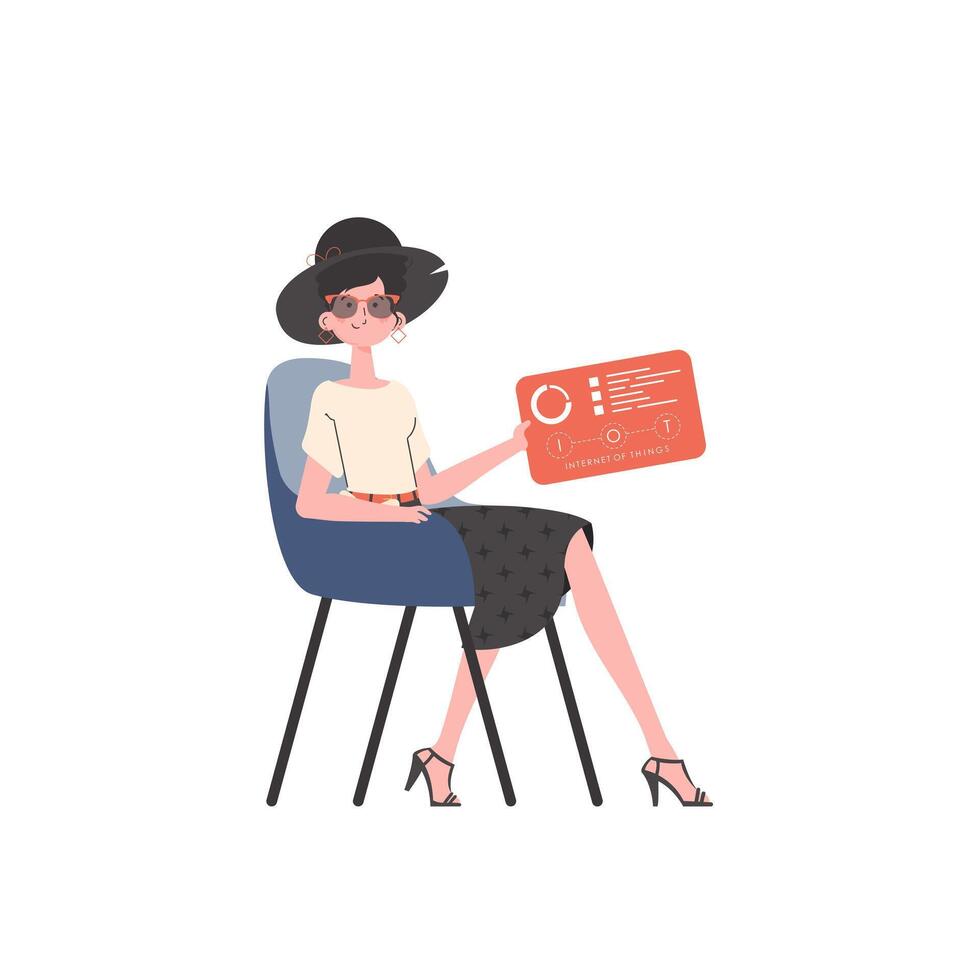 A woman sits in a chair and holds a panel with analyzers and indicators in her hands. IoT concept. Isolated. Vector illustration in flat style.