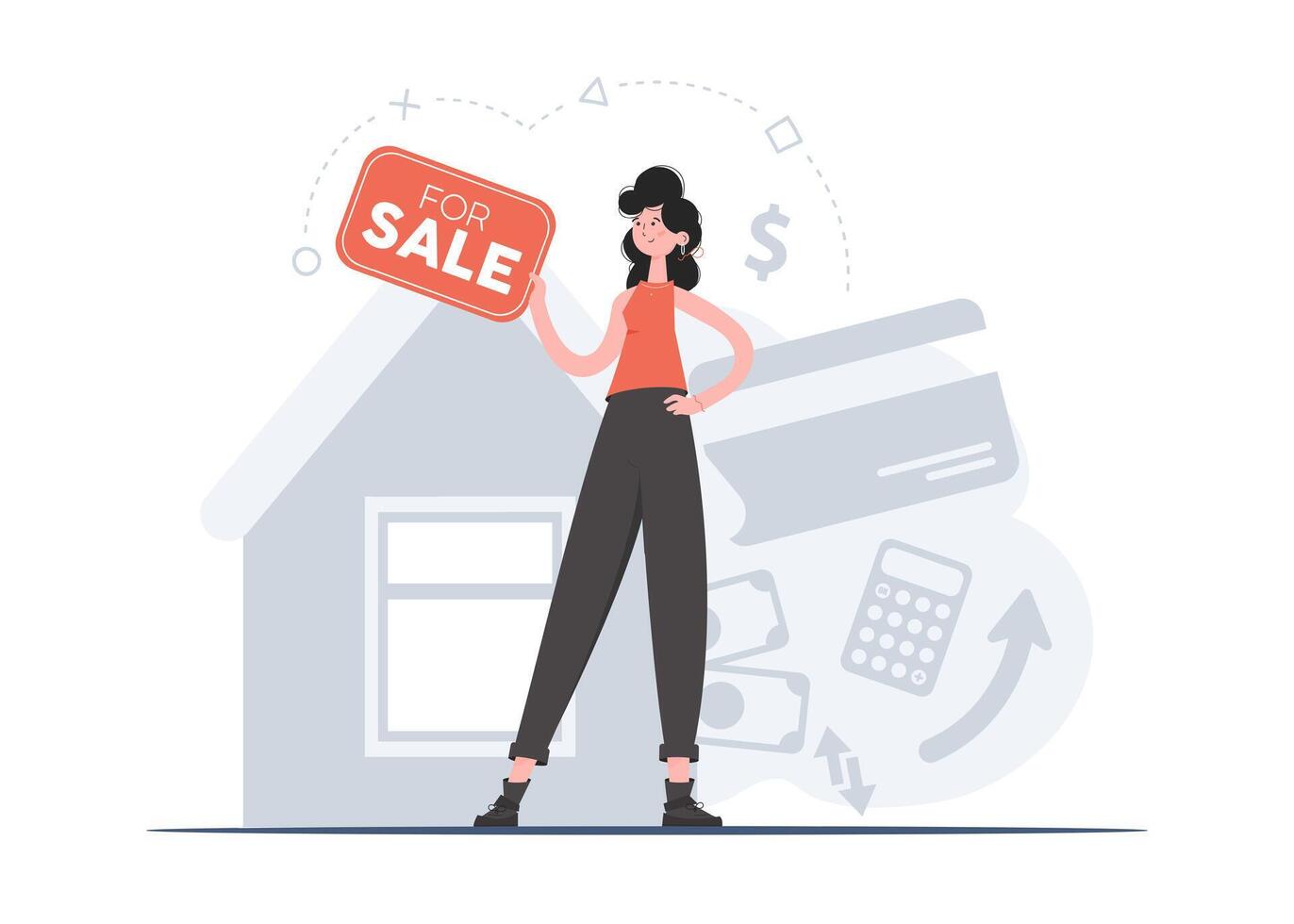 A woman stands in full growth against the backdrop of a house that is for sale. Property For Sale. Flat style. Element for presentations, sites. vector