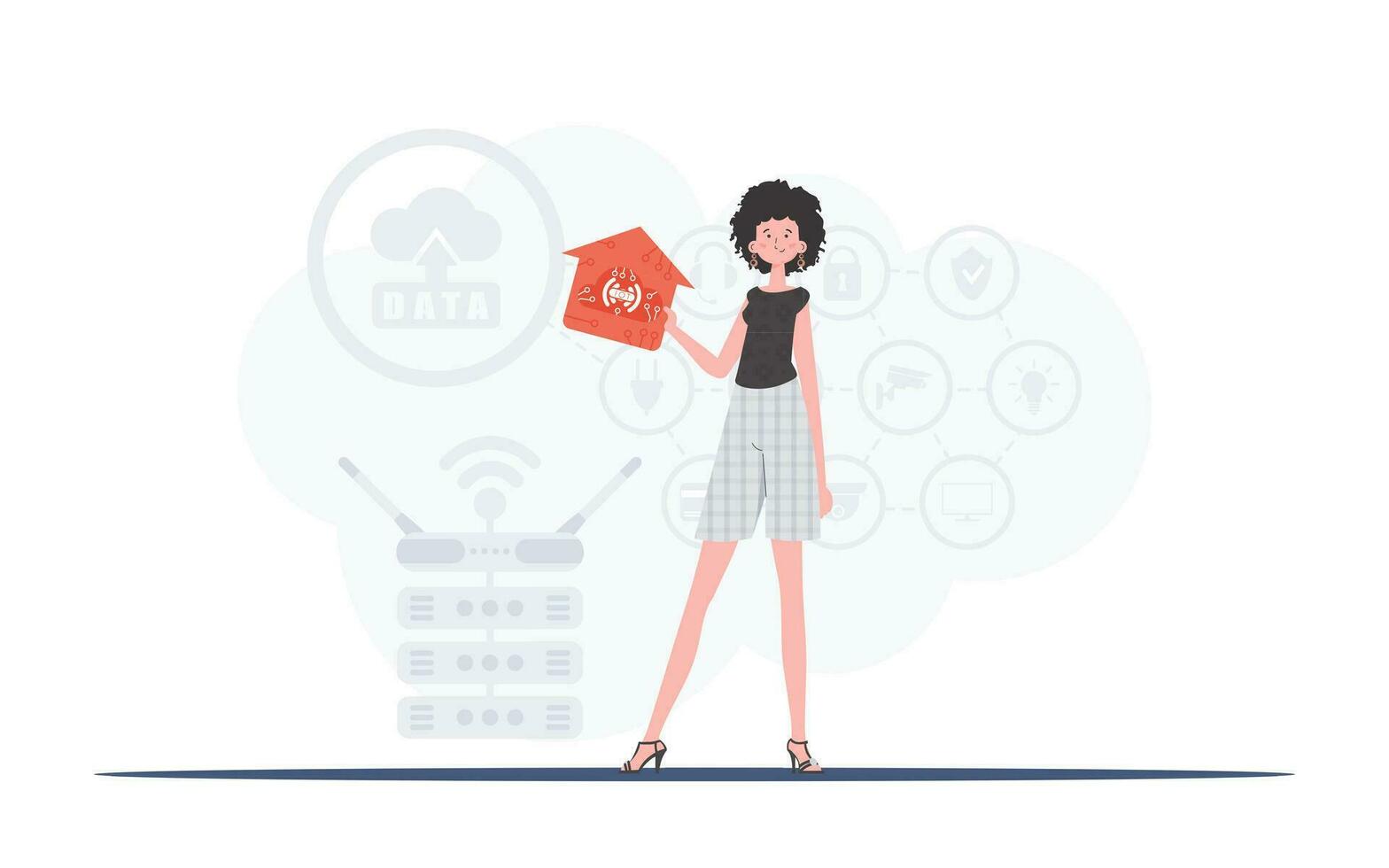 Internet of things and automation concept. The woman is depicted in full growth, holding an icon of a house in her hands. Good for presentations. Vector illustration in flat style.