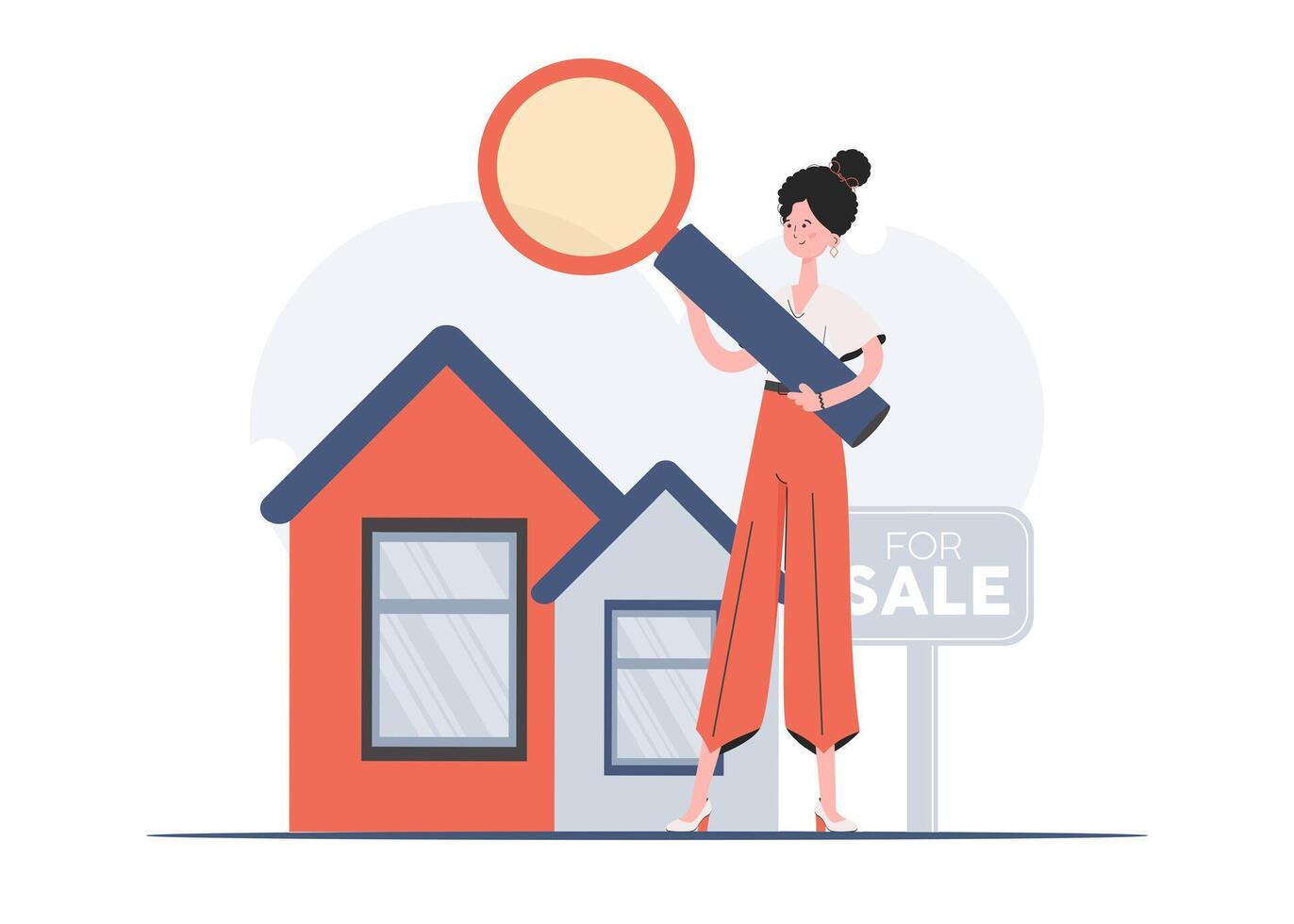 A woman stands in full growth engaged in the search for a house. Property search. Flat style. Element for presentations, sites. vector