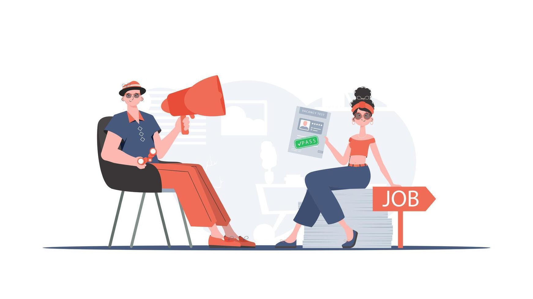 Man with a mouthpiece. A girl with a job test passed. Job search and human resource concept. Trend style, vector illustration.