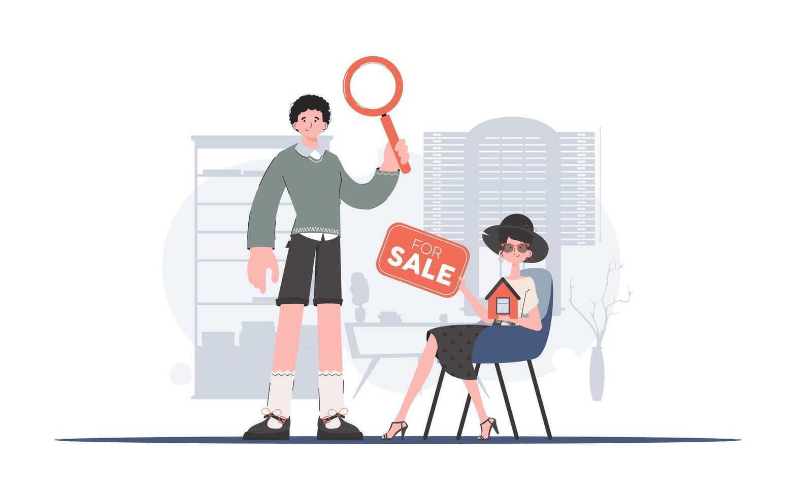 Guy and girl realtors. Real estate purchase concept. Good for websites, apps and presentations. trendy style. Vector. vector