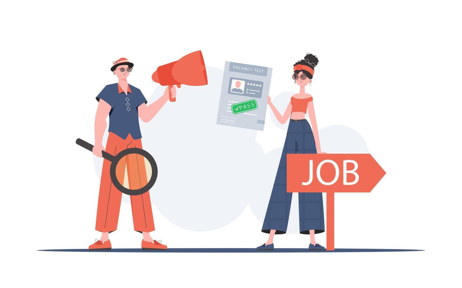 HR team. Man with a mouthpiece. A girl with a job test passed. The concept of finding employees. Trend style, vector illustration.