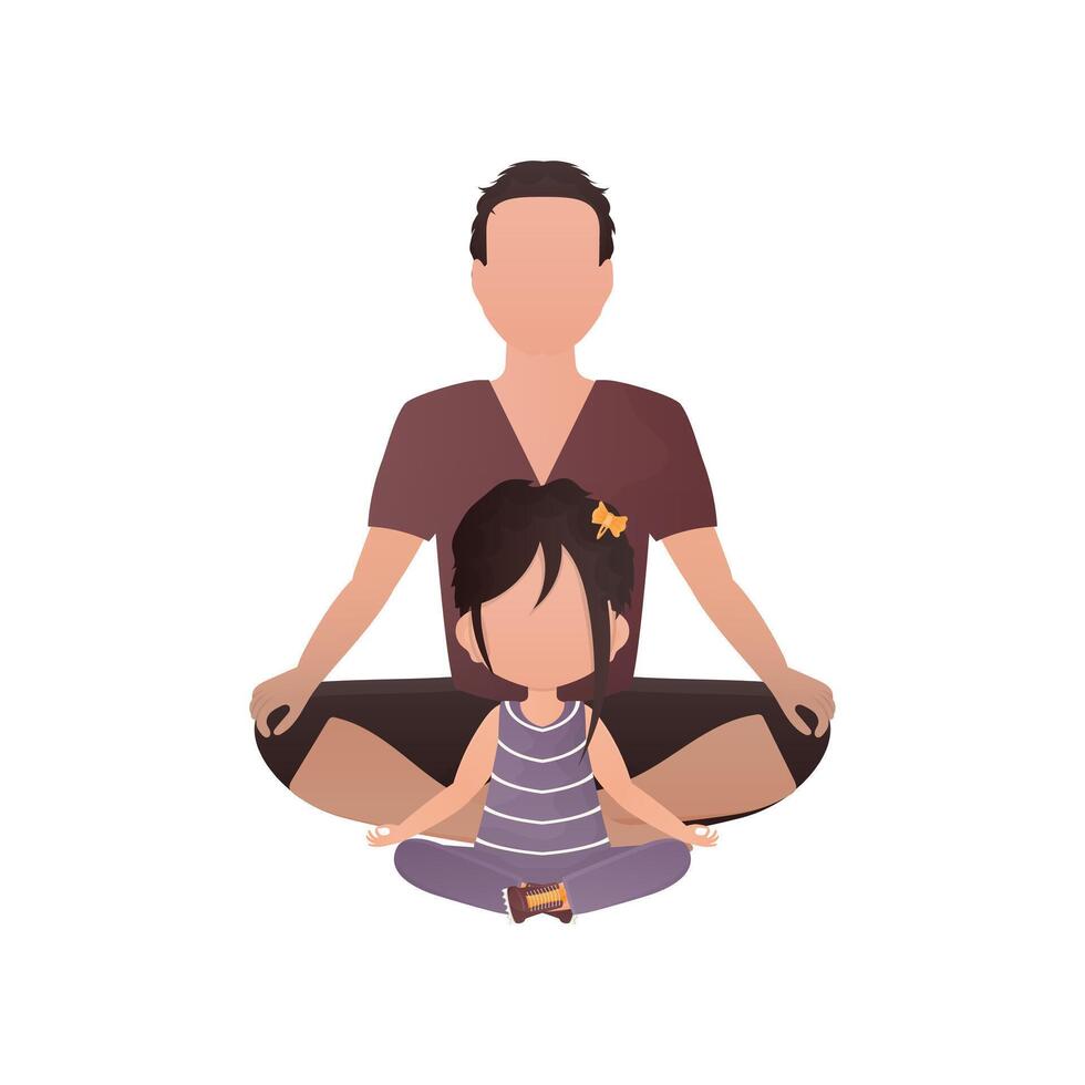 Dad and little daughter are sitting in the lotus position. Isolated. Cartoon style. vector