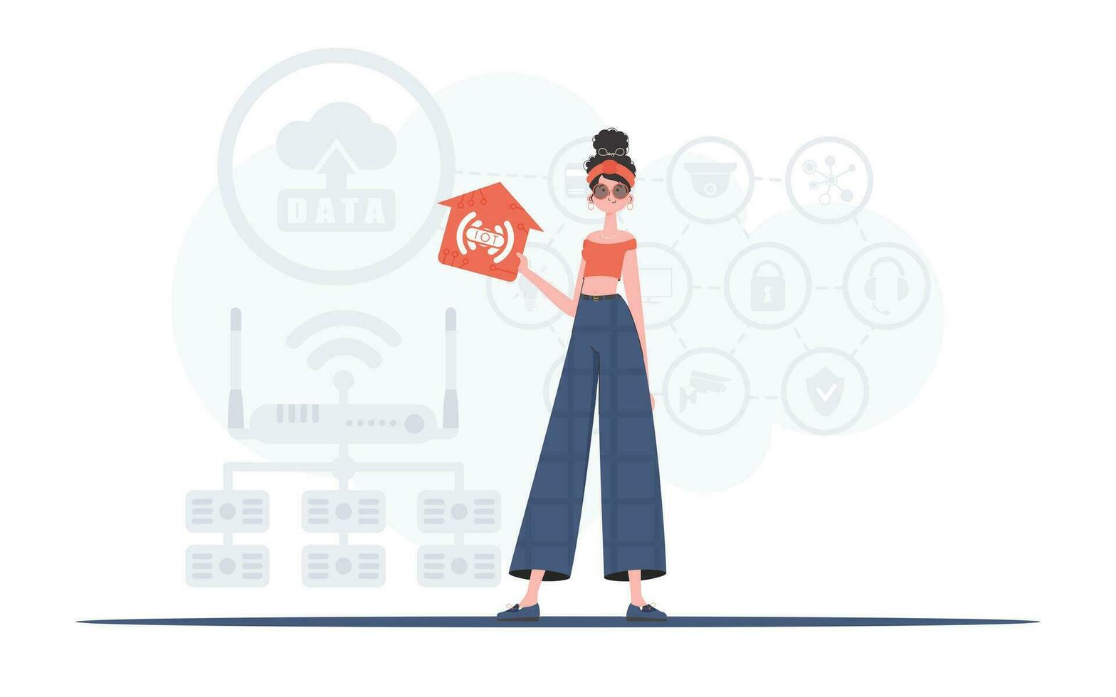 IoT concept. The woman is depicted in full growth, holding an icon of a house in her hands. Good for presentations. Vector illustration in flat style.
