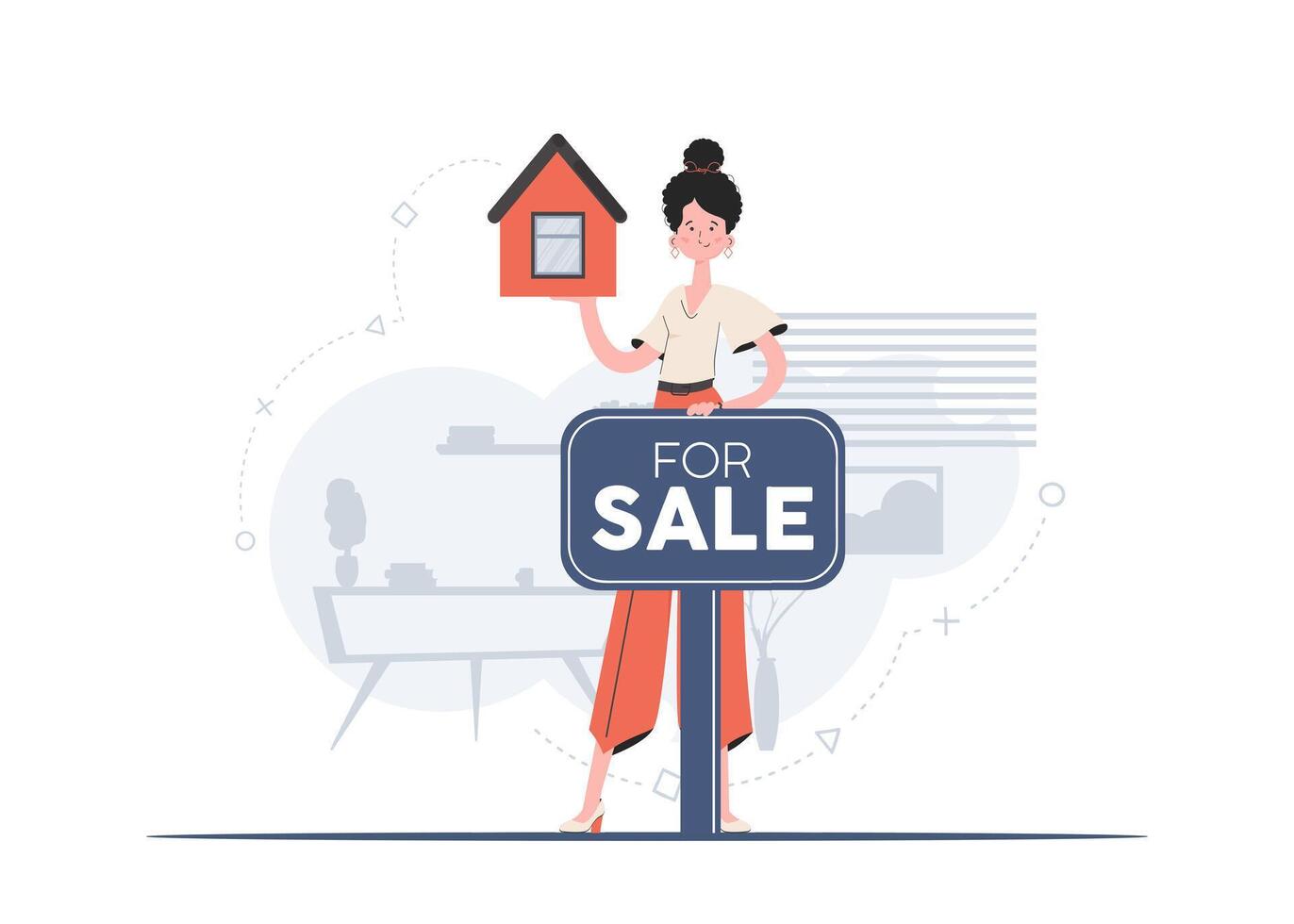 A woman stands in full growth is engaged in the sale of a house. Realtor. Flat style. Element for presentations, sites. vector