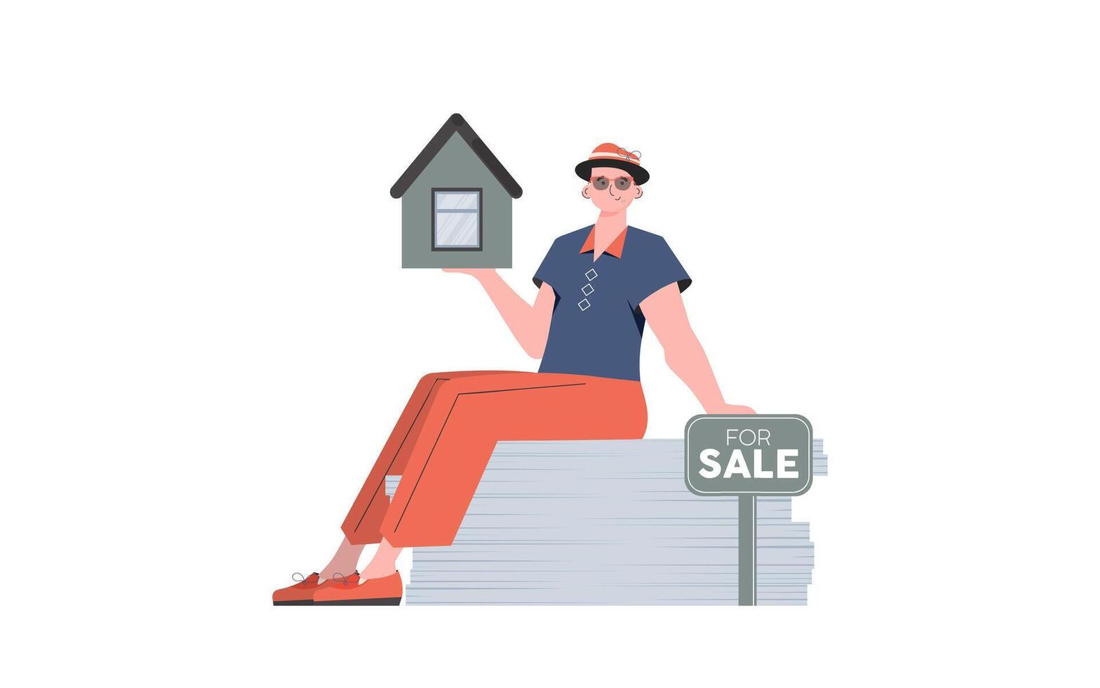 A man sits on a stack of documents and holds a house in his hands. Selling a house or real estate. Isolated. illustration. vector