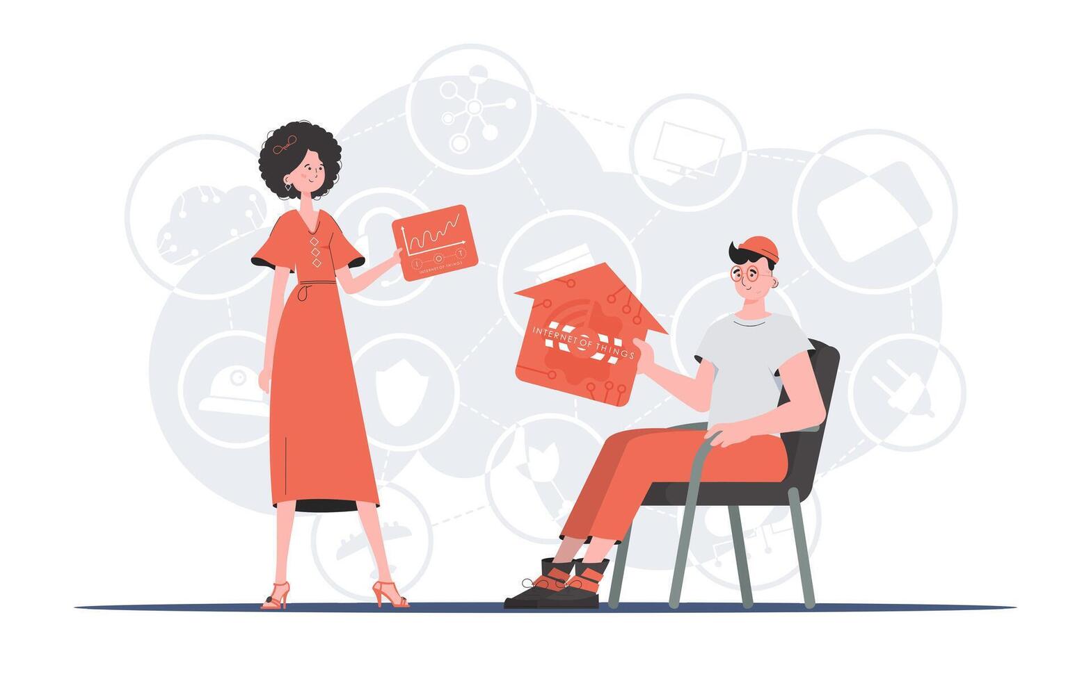 Internet of things concept. The girl and the guy are a team in the field of Internet of things. Good for websites and presentations. Vector illustration in trendy flat style.