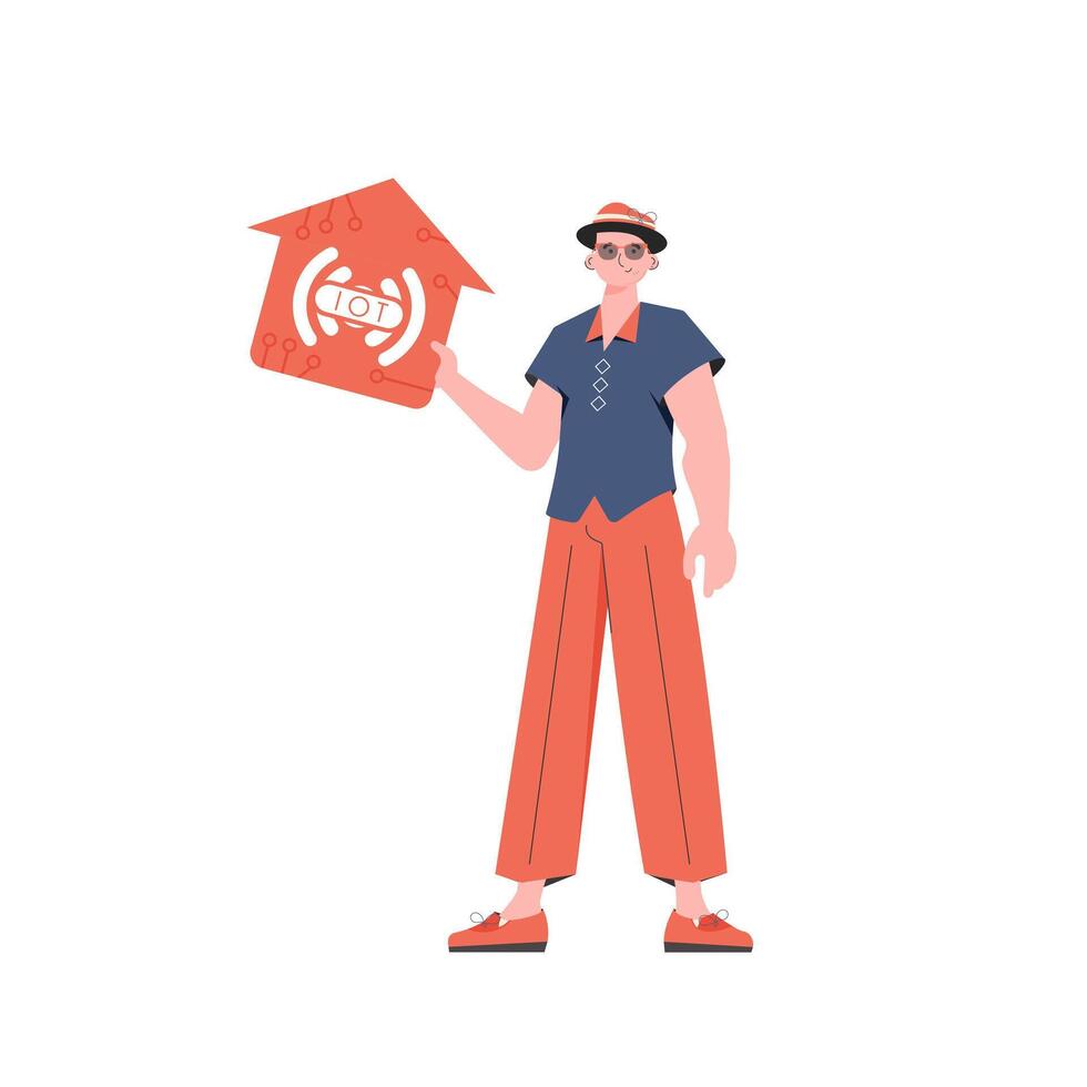 The man is depicted in full growth, holding the icon of the house in his hands. Internet of things and automation concept. Vector illustration in trendy flat style.