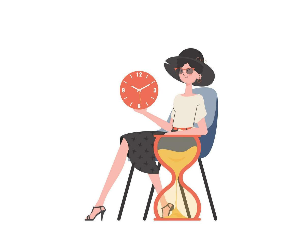 A woman sits in a chair with an hourglass. Isolated. Element for presentation. vector