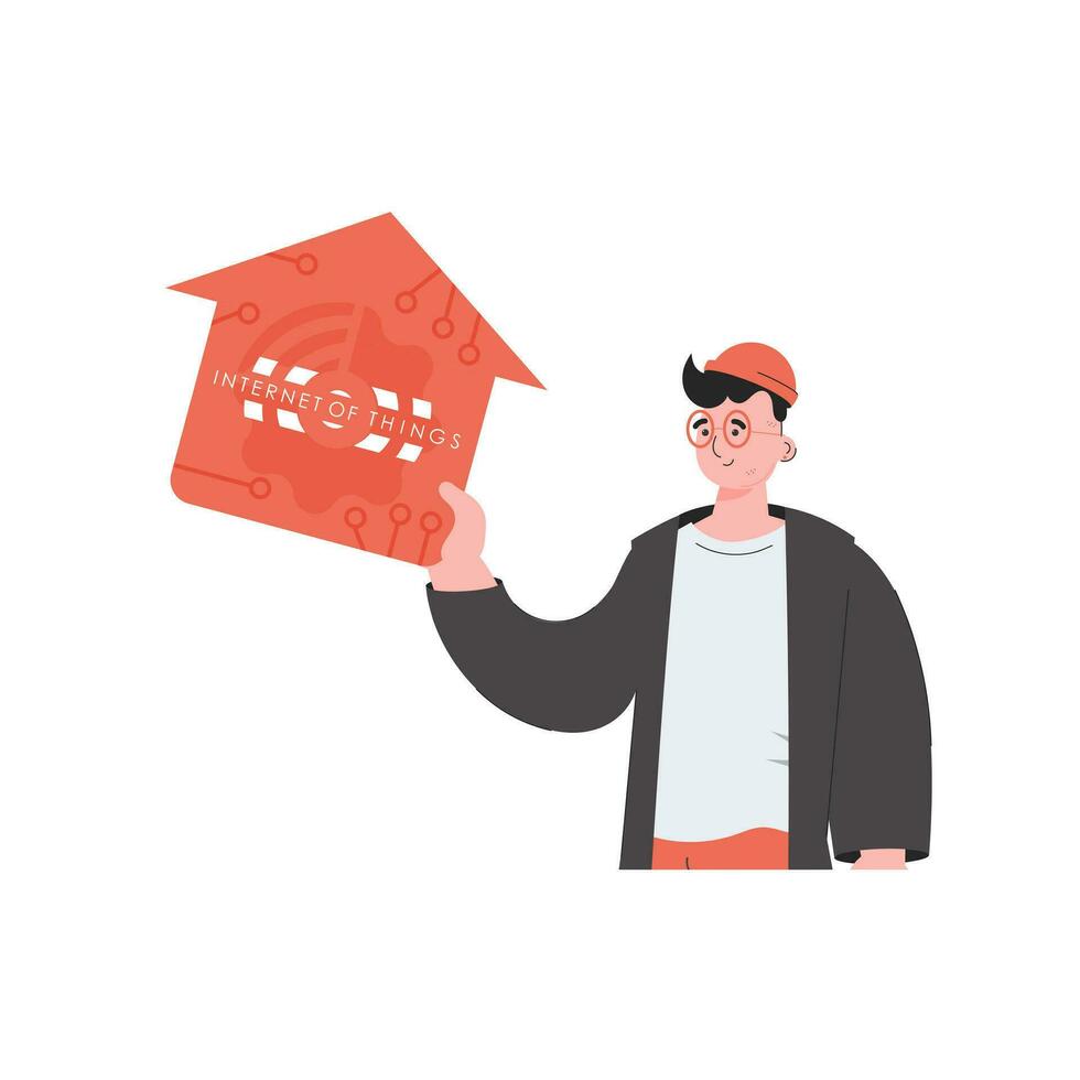 Internet of things concept. The guy is shown to the waist. A man holds an icon of a house in his hands. Isolated. Vector illustration in trendy flat style.