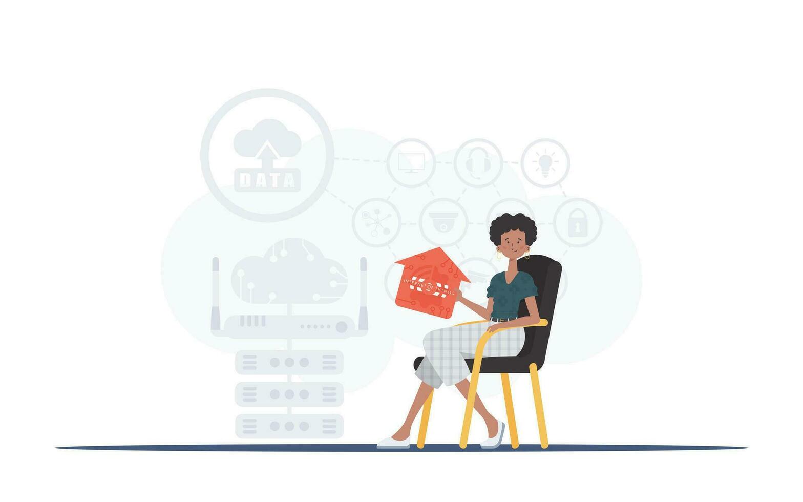 Internet of things and automation concept. The girl sits in a chair and holds an icon of a house in her hands. Good for websites and presentations. Vector illustration in trendy flat style.