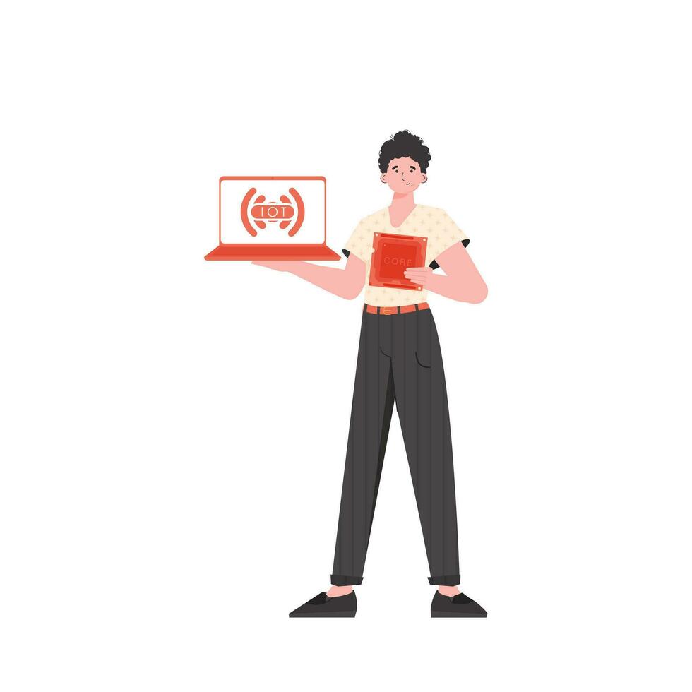 un hombre sostiene un ordenador portátil y un procesador chip en su manos. Internet de cosas y automatización concepto. aislado. de moda plano estilo. vector ilustración.