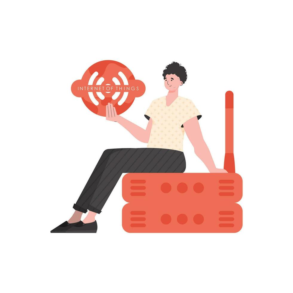 un hombre sostiene un Internet cosa icono en su manos. enrutador y servidor. iot y automatización concepto. aislado. vector ilustración.