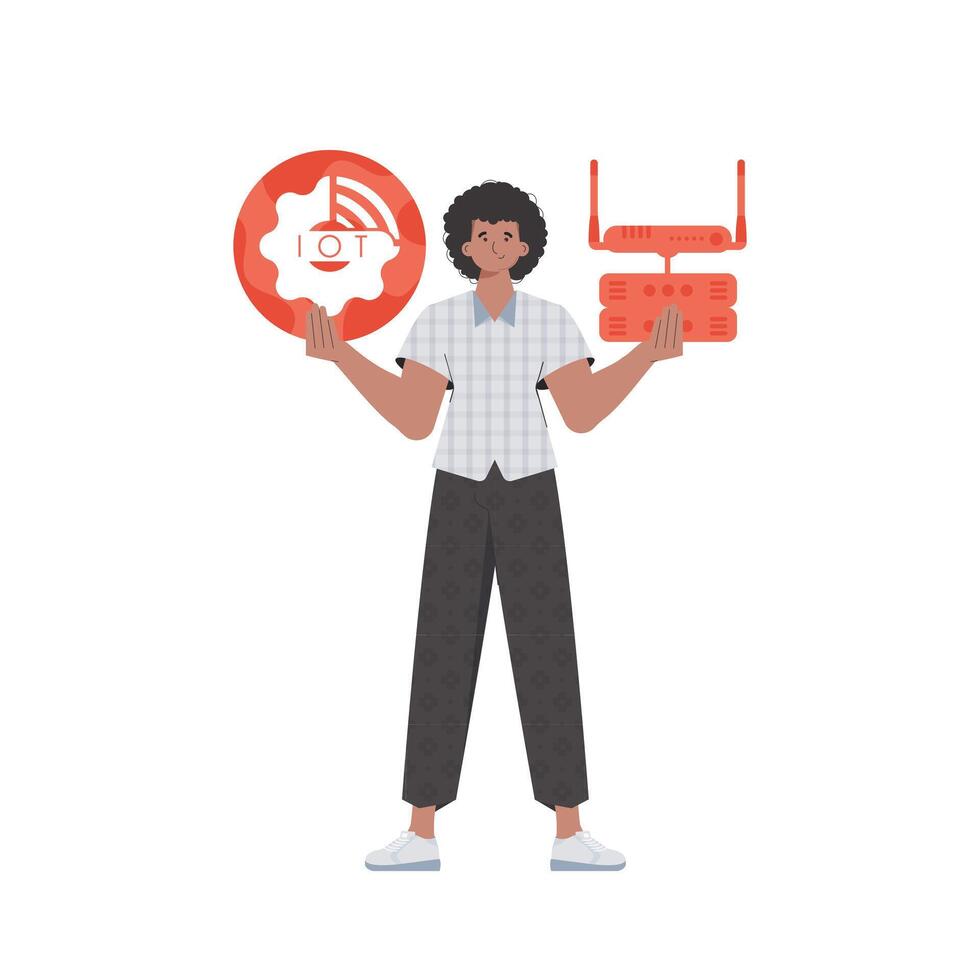A man holds the internet of things logo in his hands. Router and server. IoT concept. Isolated. Trendy flat style. . vector
