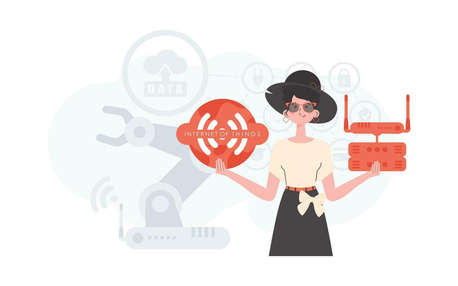 IoT concept. A woman holds the internet of things logo in her hands. Router and server. Good for presentations and websites. Vector illustration in flat style.