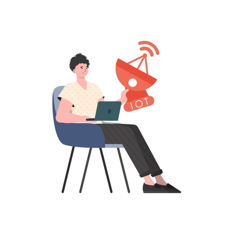 IOT and automation concept. The guy is holding a satellite dish in his hands. Isolated. illustration in trendy flat style. vector
