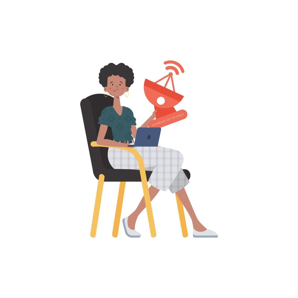 Internet of things concept. A woman holds a satellite dish in her hands. Isolated on white background. illustration in flat style. vector