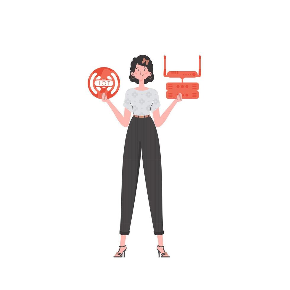 A woman holds the internet of things logo in her hands. Router and server. Internet of things and automation concept. Isolated. Vector illustration in flat style.