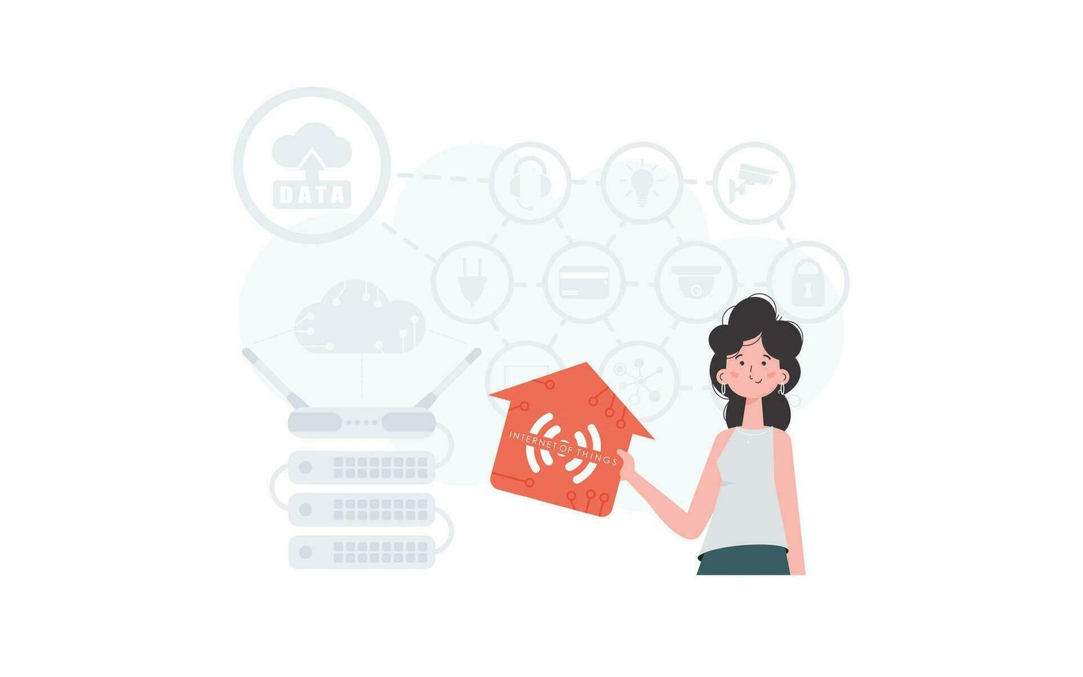 The woman is depicted waist-deep, holding an icon of a house in her hands. Internet of things concept. Good for presentations and websites. Vector illustration in trendy flat style.