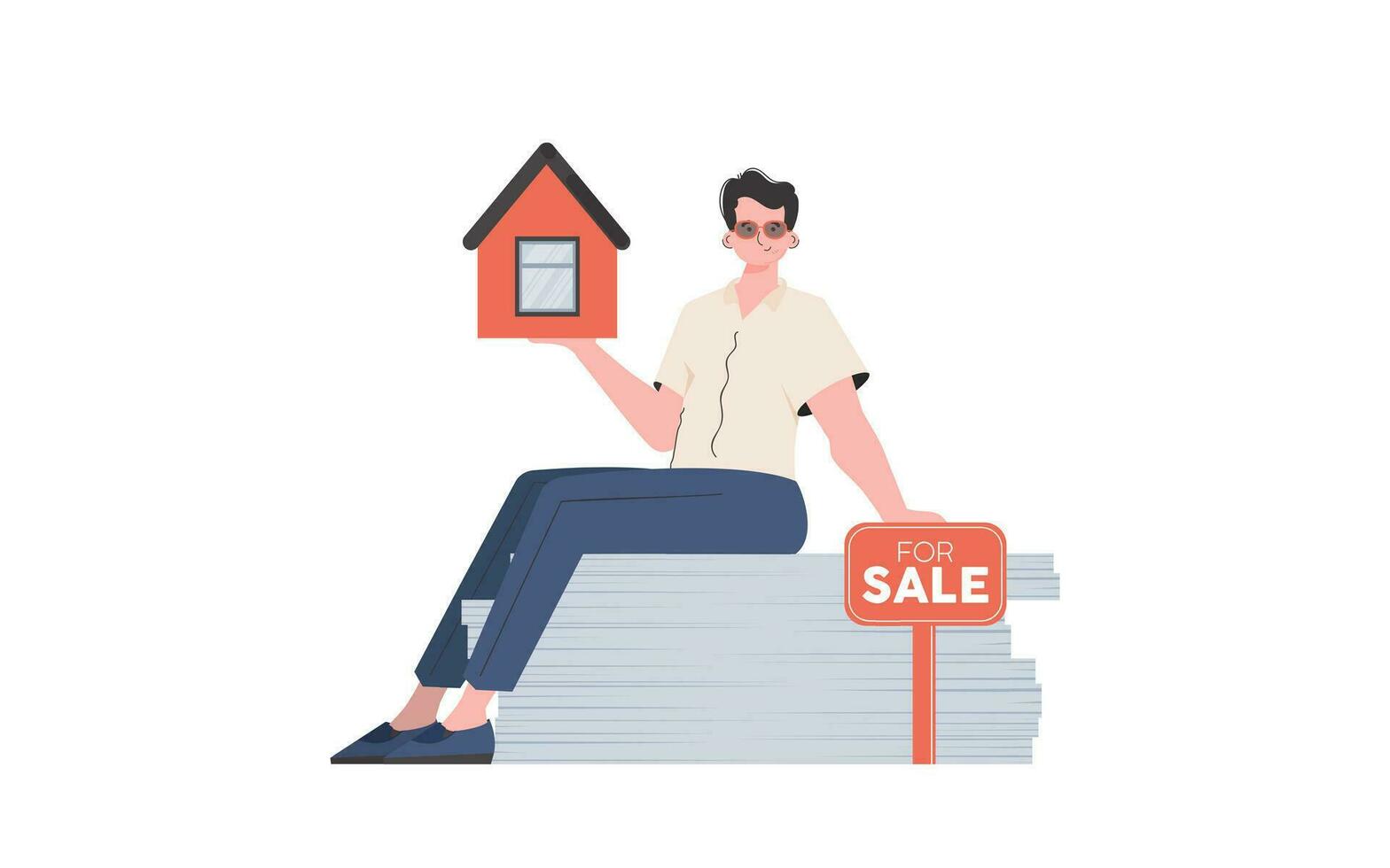 A man sits on a stack of documents and holds a house in his hands. Real estate sale concept. Isolated. Vector illustration.