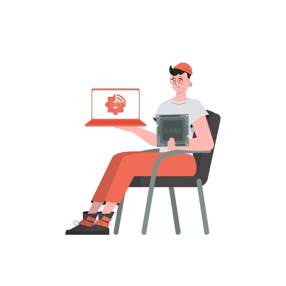 A man holds a laptop and a processor chip in his hands. IoT concept. Isolated. Trendy flat style. Vector illustration.