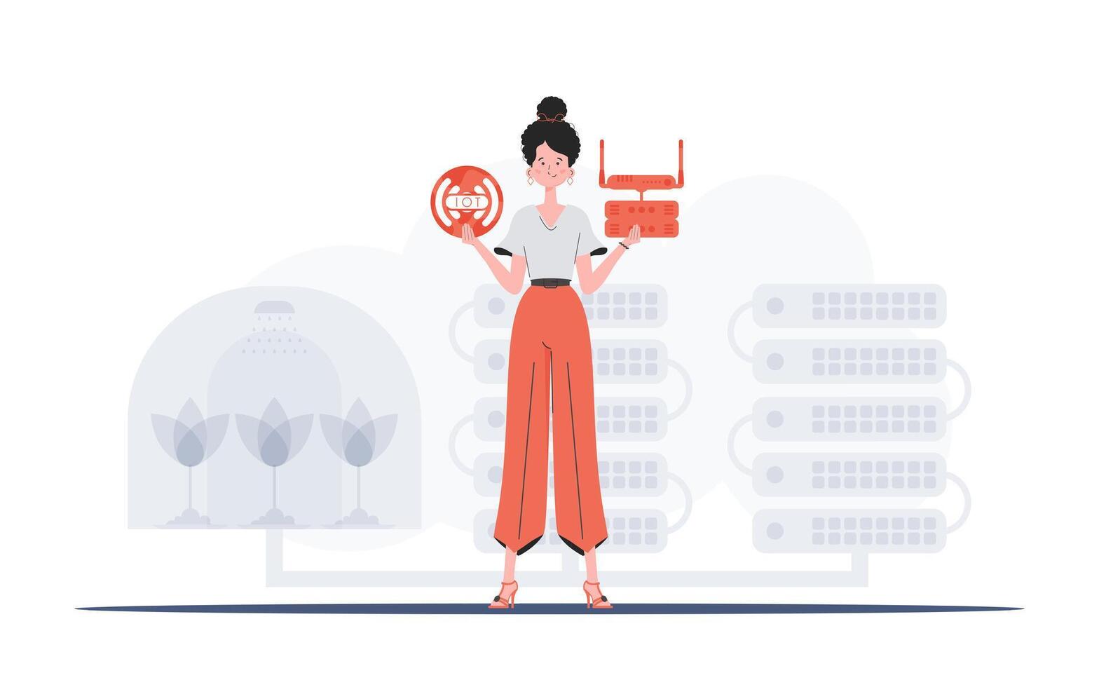 IoT concept. A woman holds the internet of things logo in her hands. Router and server. Good for websites and presentations. illustration in flat style. vector