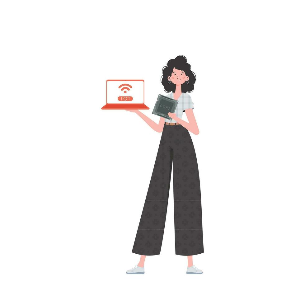 A woman holds a laptop and a processor chip in her hands. Internet of things and automation concept. Isolated. Vector illustration in trendy flat style.