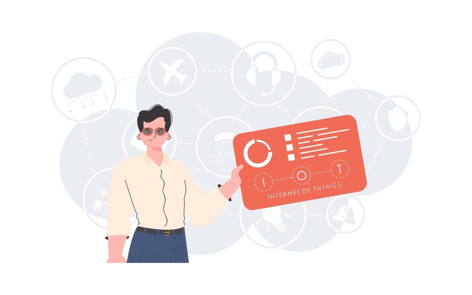 Internet of things and automation concept. A man holds a panel with analyzers and indicators in his hands. Good for websites and presentations. Vector illustration in trendy flat style.