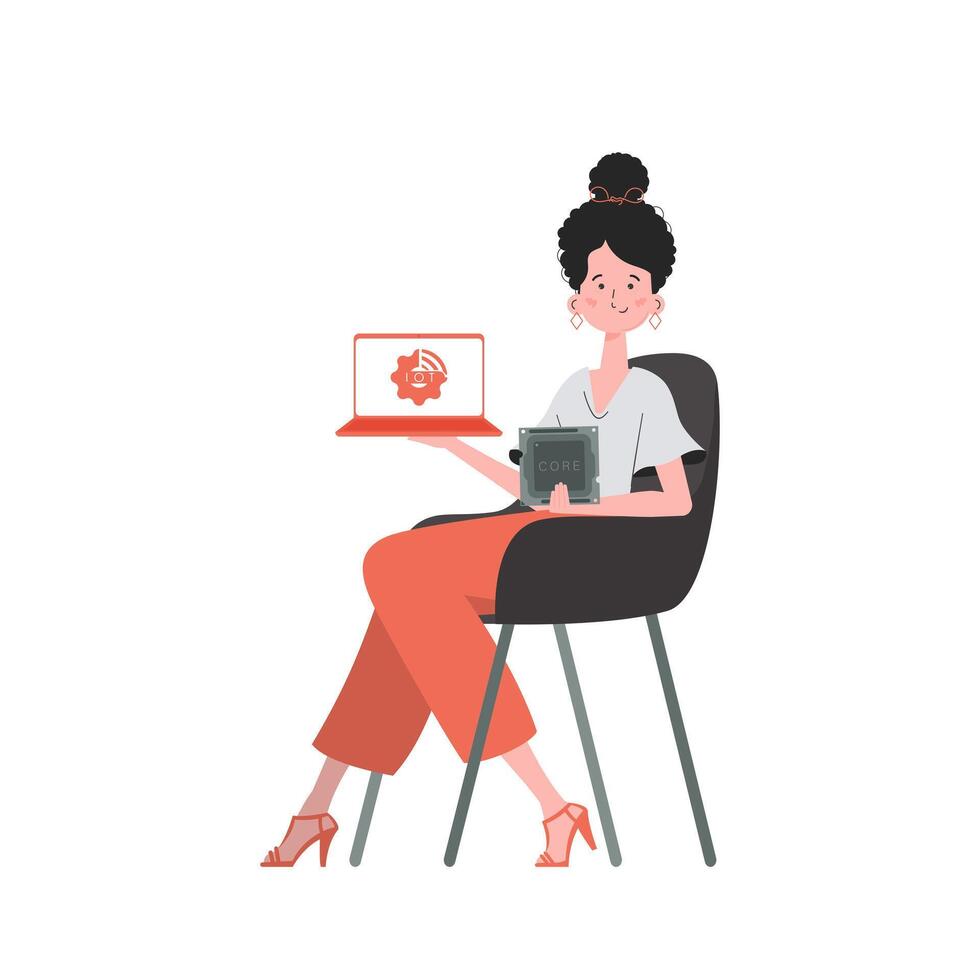 A woman holds a laptop and a processor chip in her hands. Internet of things concept. Isolated. Trendy flat style. Vector illustration.