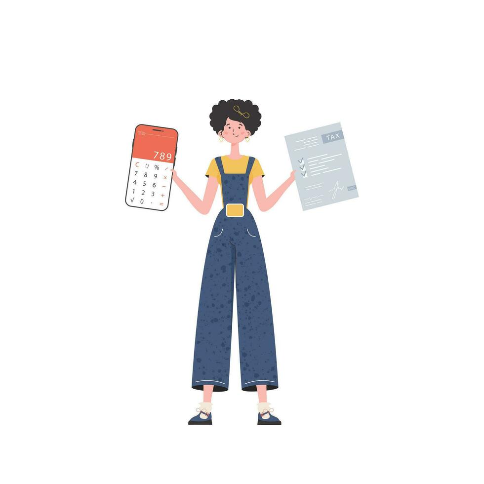 el niña es participación un calculadora y un impuesto formar en su manos. aislado en blanco antecedentes. vector ilustración.